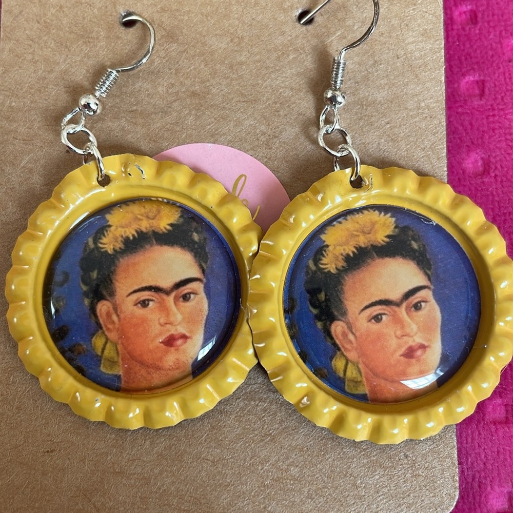 Frida Kahlo. handcrafted bottle Cap Earrings